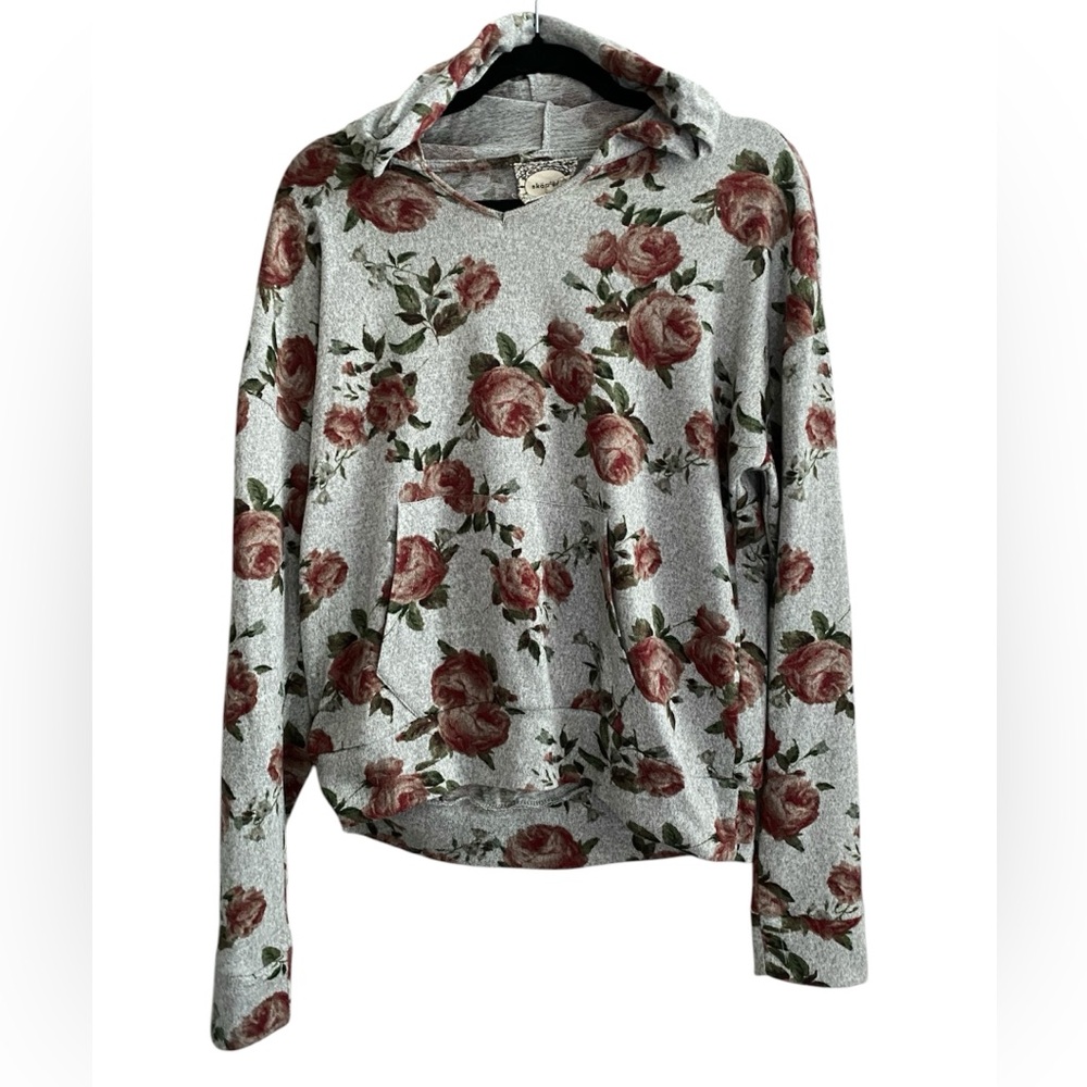 Hooded Floral Light Gray, Maroon, & Green Long Sleeve Top